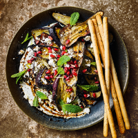 Grilled aubergines with whipped feta & pomegranate